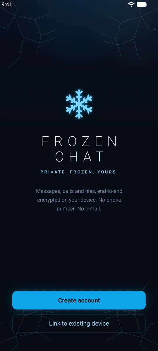 Q Chat welcome screen with Create account and Link existing device