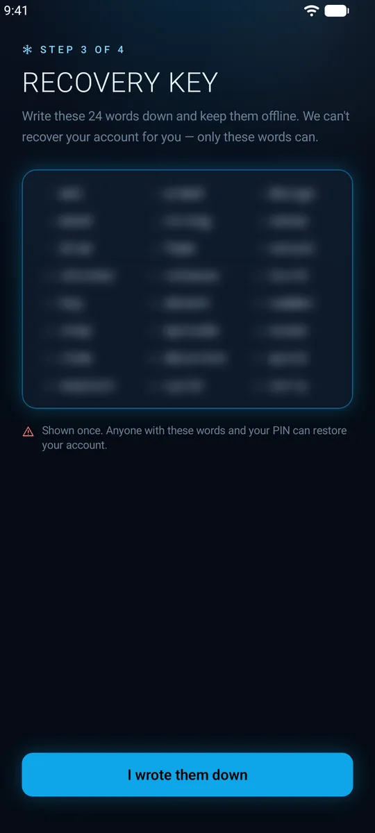 The 24-word Recovery Key screen in Q Chat