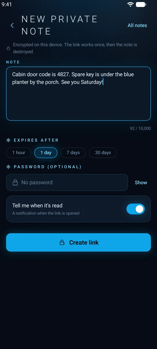 Writing a new private note in Q Chat with expiry and read notification options