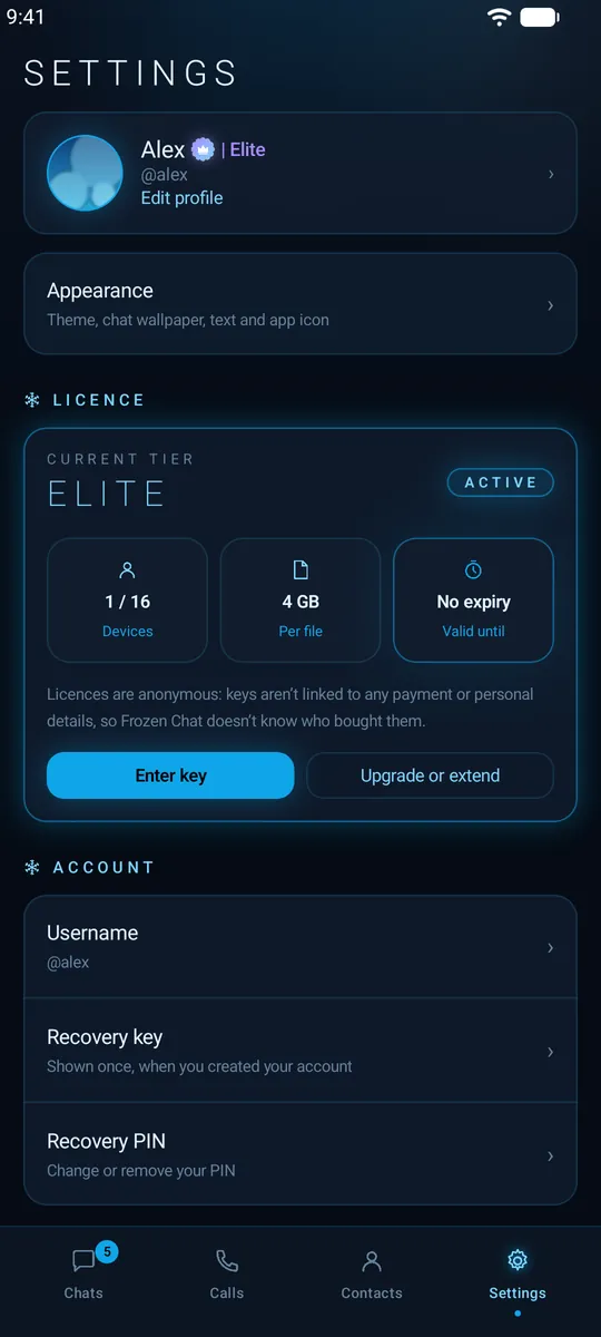 Q Chat settings showing the profile and the licence card